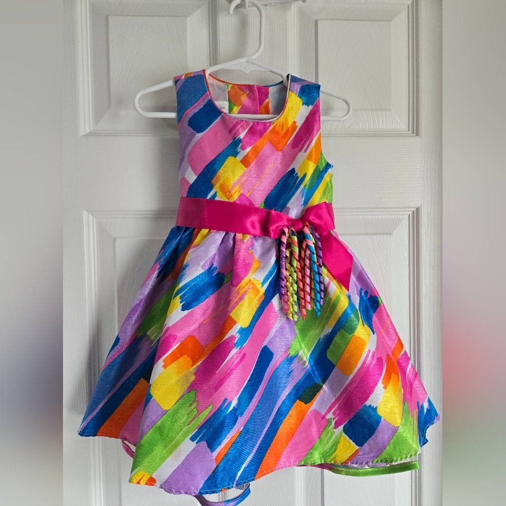 Bonnie Jean Multicolor Party Dress with Pink Ribbon 2T